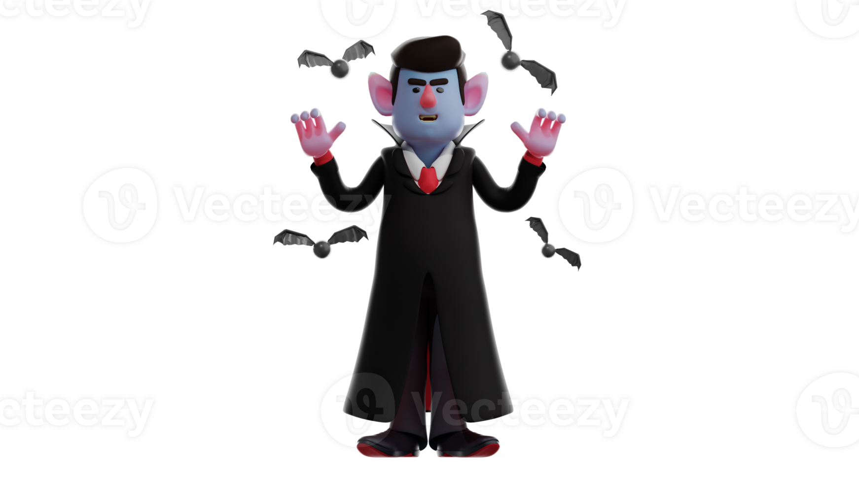 3D Illustration. Scary Dracula 3D cartoon character. Dracula is surrounded by flying bats. Dracula raised his hands to frighten. 3D cartoon character png