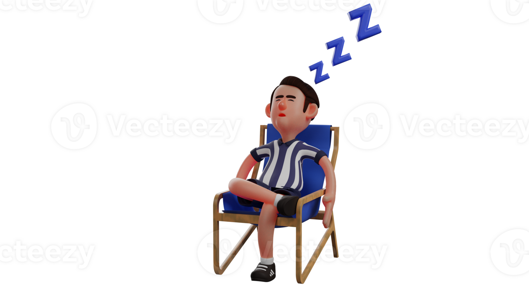 3D illustration. Tired Referee 3D Cartoon Character. The referee fell asleep sitting on his bench. The referee is still wearing his field clothes during breaks. 3D Cartoon Character png