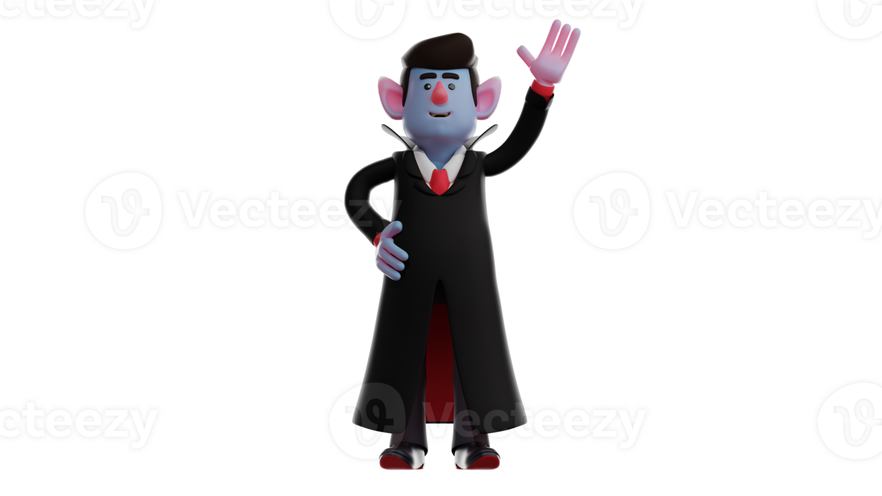 3D Illustration. Friendly Dracula 3D cartoon character. Dracula waved his hand to someone he met on the road. Dracula is famous for having a good heart and smiling. 3D cartoon character png