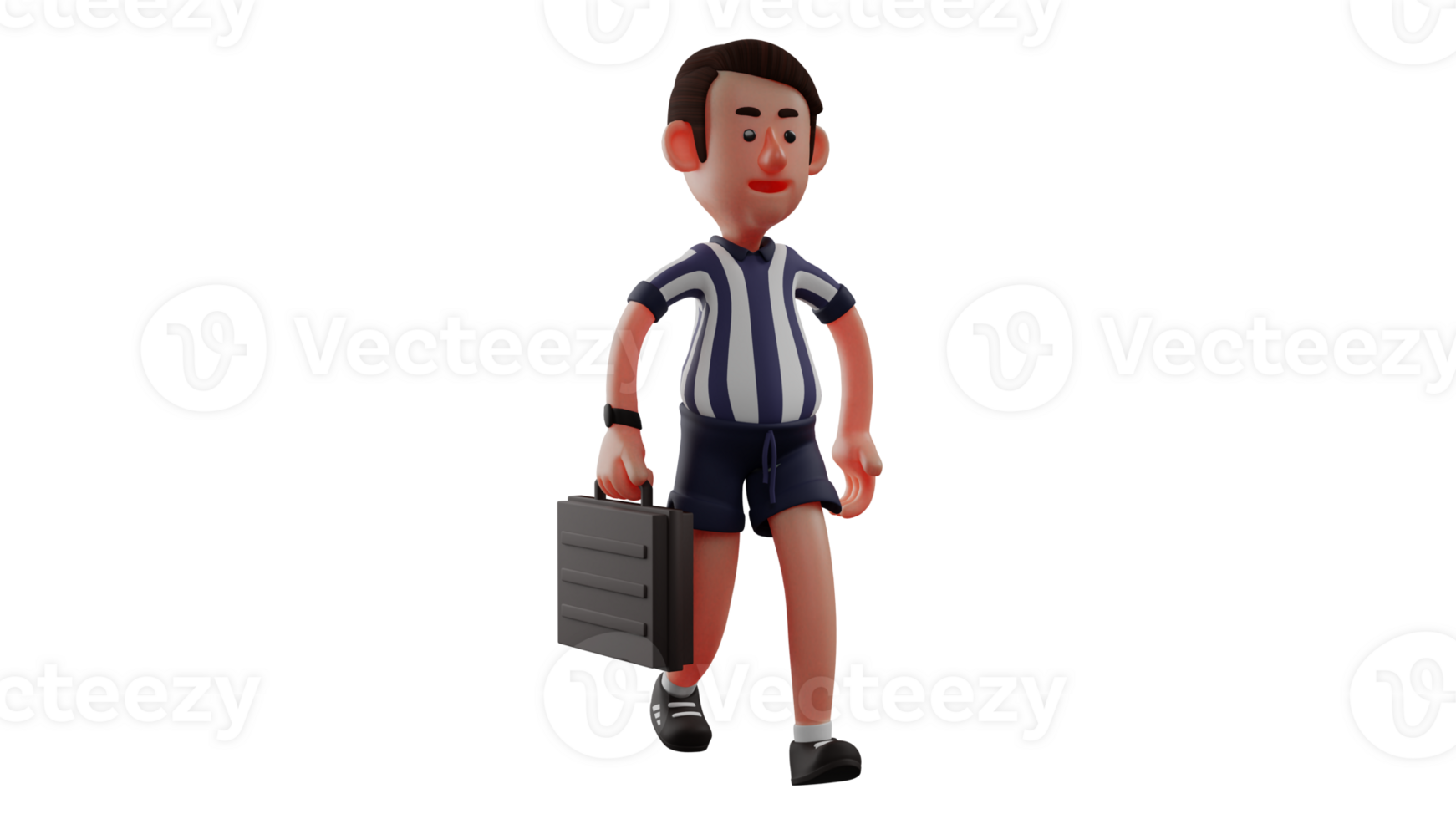 3D illustration. Charming Referee 3D Cartoon Character. Referee will go to the field where he will be on duty. Referee is wearing a black and white shirt and carrying a suitcase. 3D Cartoon Character png