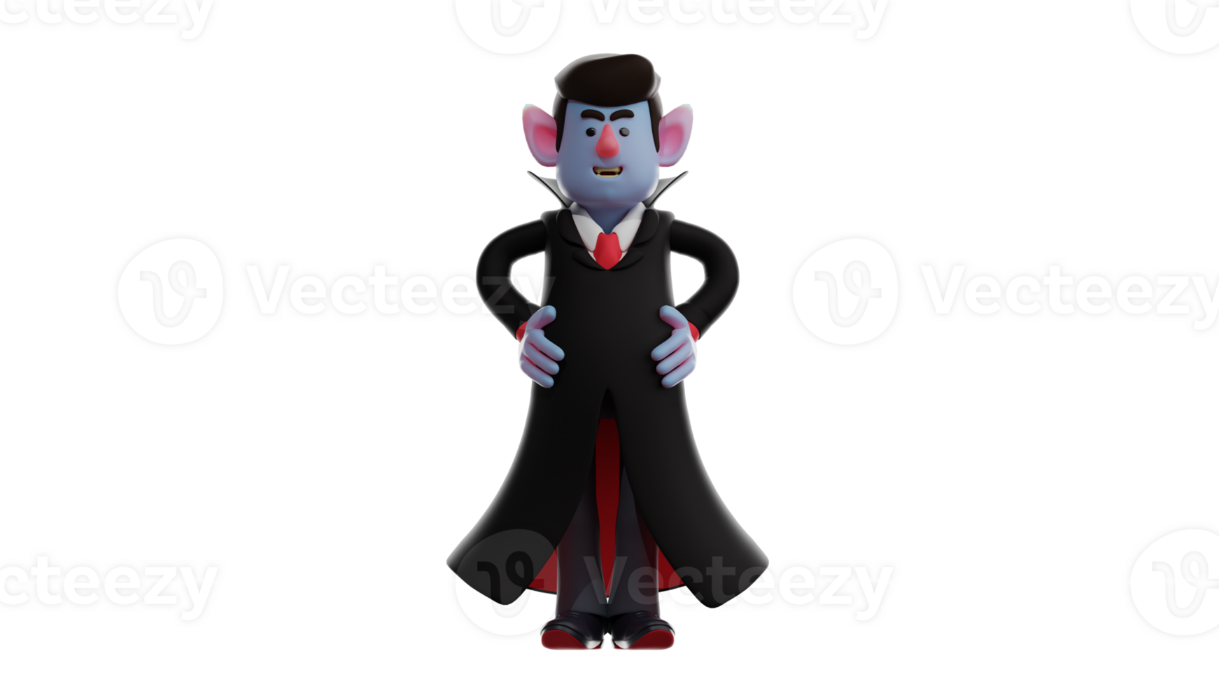 3D illustration. Handsome Dracula 3D Cartoon Character. Dracula stood up and put his hands on his waist. Adorable Dracula showing his happy expression. 3D Cartoon Character png