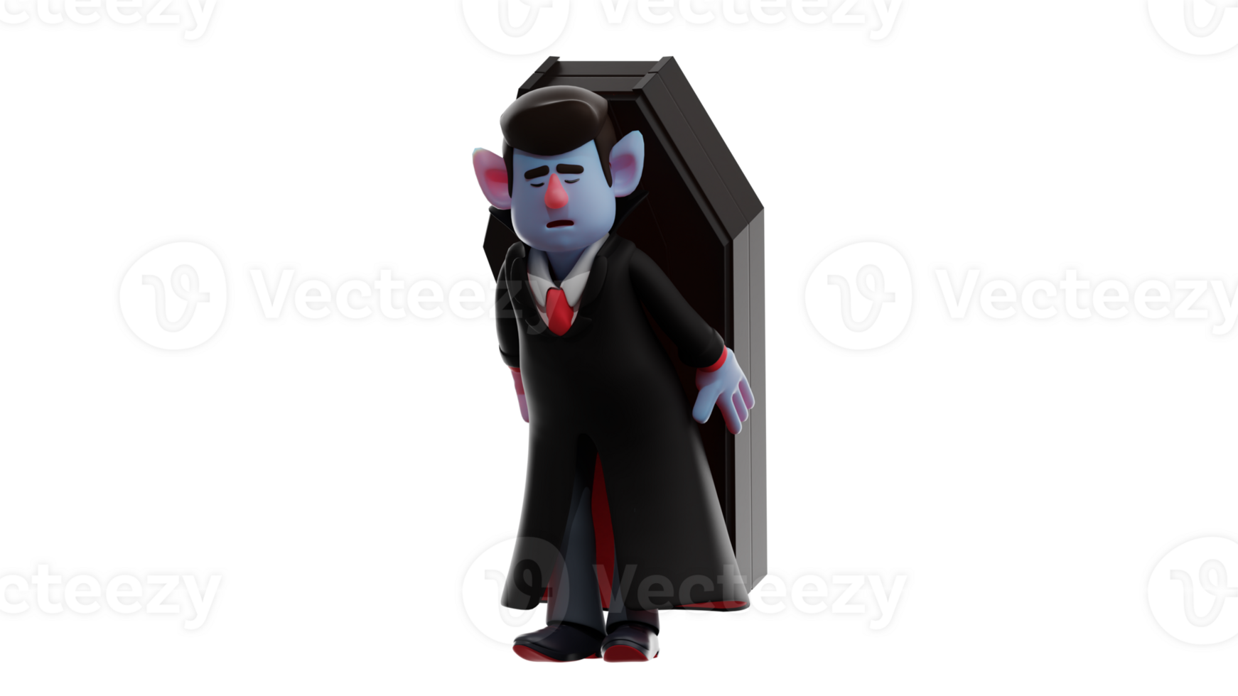 3D Illustration. Tired Dracula 3D cartoon character. Dracula lifted the coffin on his back. Dracula shows the expression of fatigue. Exhausted vampire. 3D cartoon character png