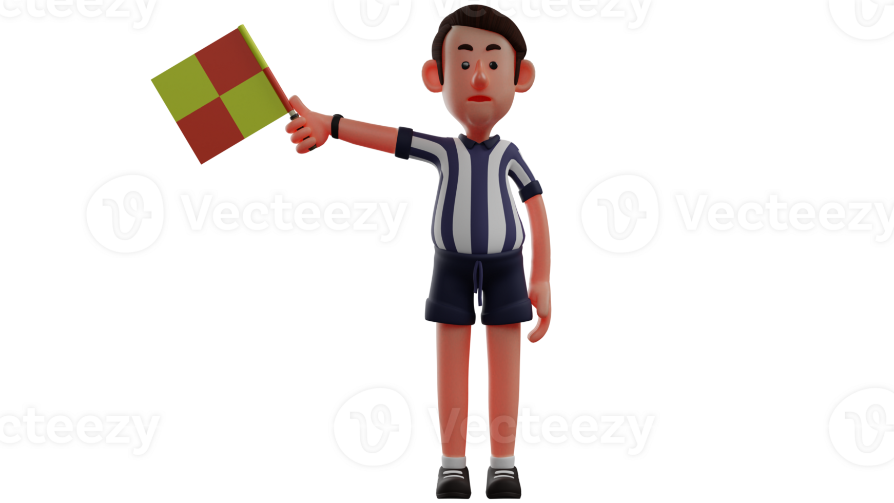 3D illustration. Thoughtful Referee 3D Cartoon Character. The referee raises the flag as a sign that something is going on in the match. The referee did his job well. 3D Cartoon Character png