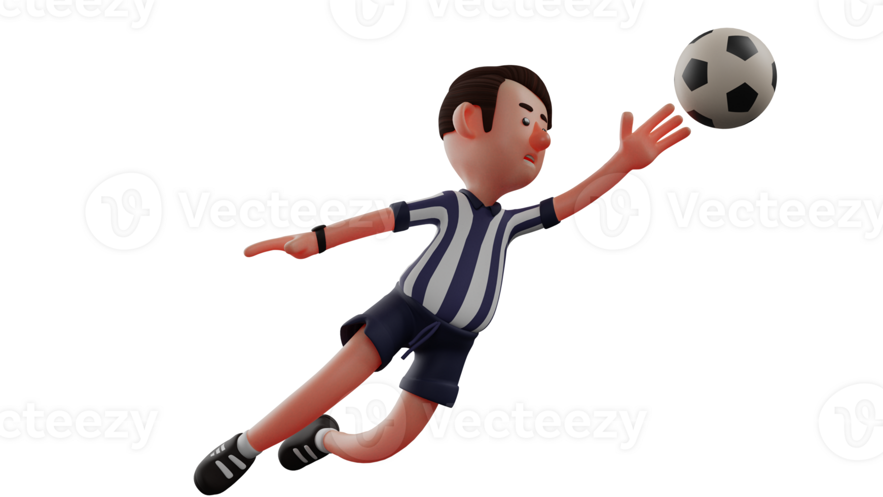 3D illustration. Great Referee 3D Cartoon Character. The referee tries to block the ball from going out of the field. The soccer referee looks proficient and attractive. 3D Cartoon Character png