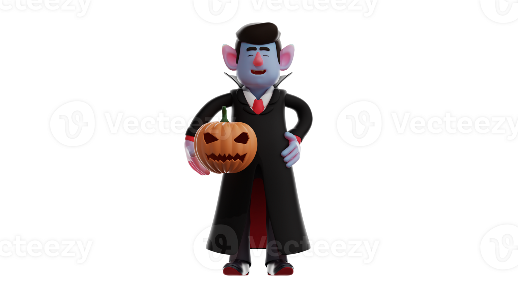 3D Illustration. Sweet Dracula 3D cartoon character. Dracula laughed until he closed his eyes. The cool Dracula stood up while carrying Halloween pumpkin. 3D cartoon character png