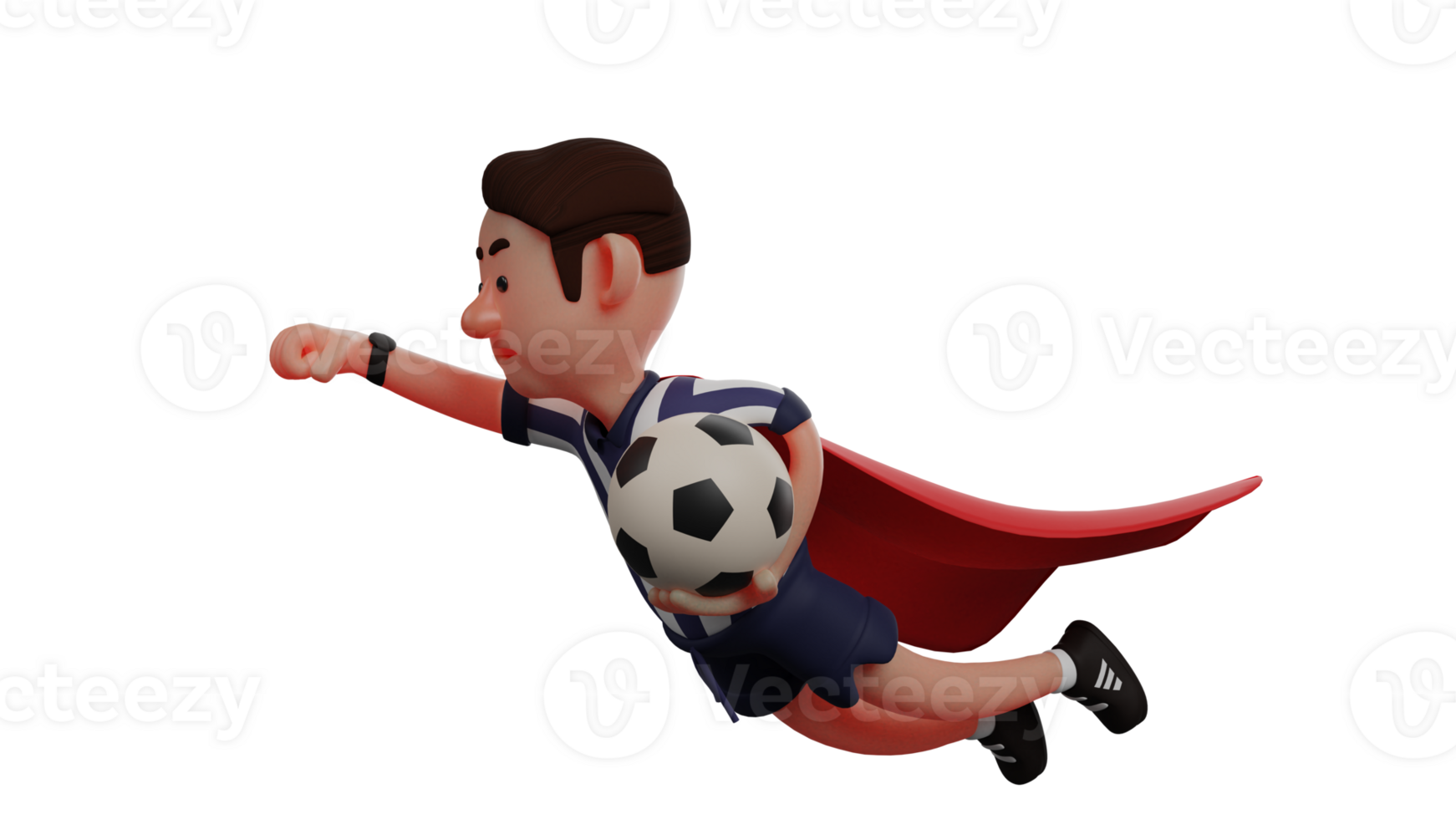 3D illustration. Man 3D Cartoon Character. The man plays the role of a referee and holds the ball. The referee flies with red wings while carrying his pride ball. 3D Cartoon Character png