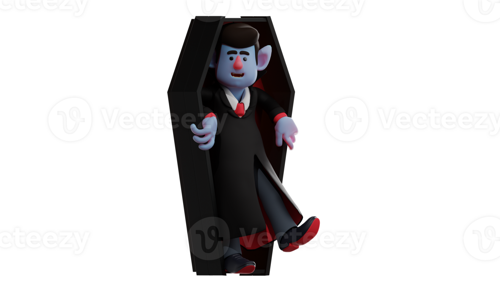 3D Illustration. Dracula 3D cartoon character. Dracula will step out of the coffin. Dracula saw the surrounding situation ensured that no one saw it. Dracula smiled sweetly. 3D cartoon character png