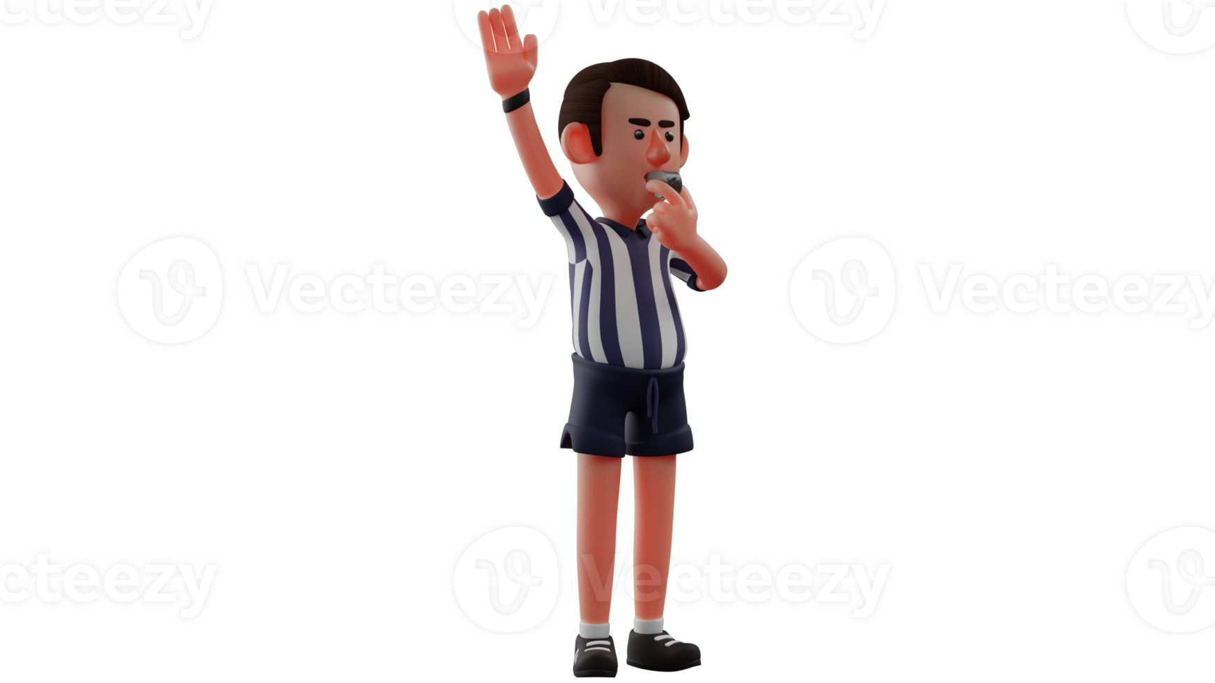 3D illustration. Football Referee 3D Cartoon Character. Referee stands and raises one hand. Referee blows the whistle signaling something. The referee is very good at his job. 3D Cartoon Character png