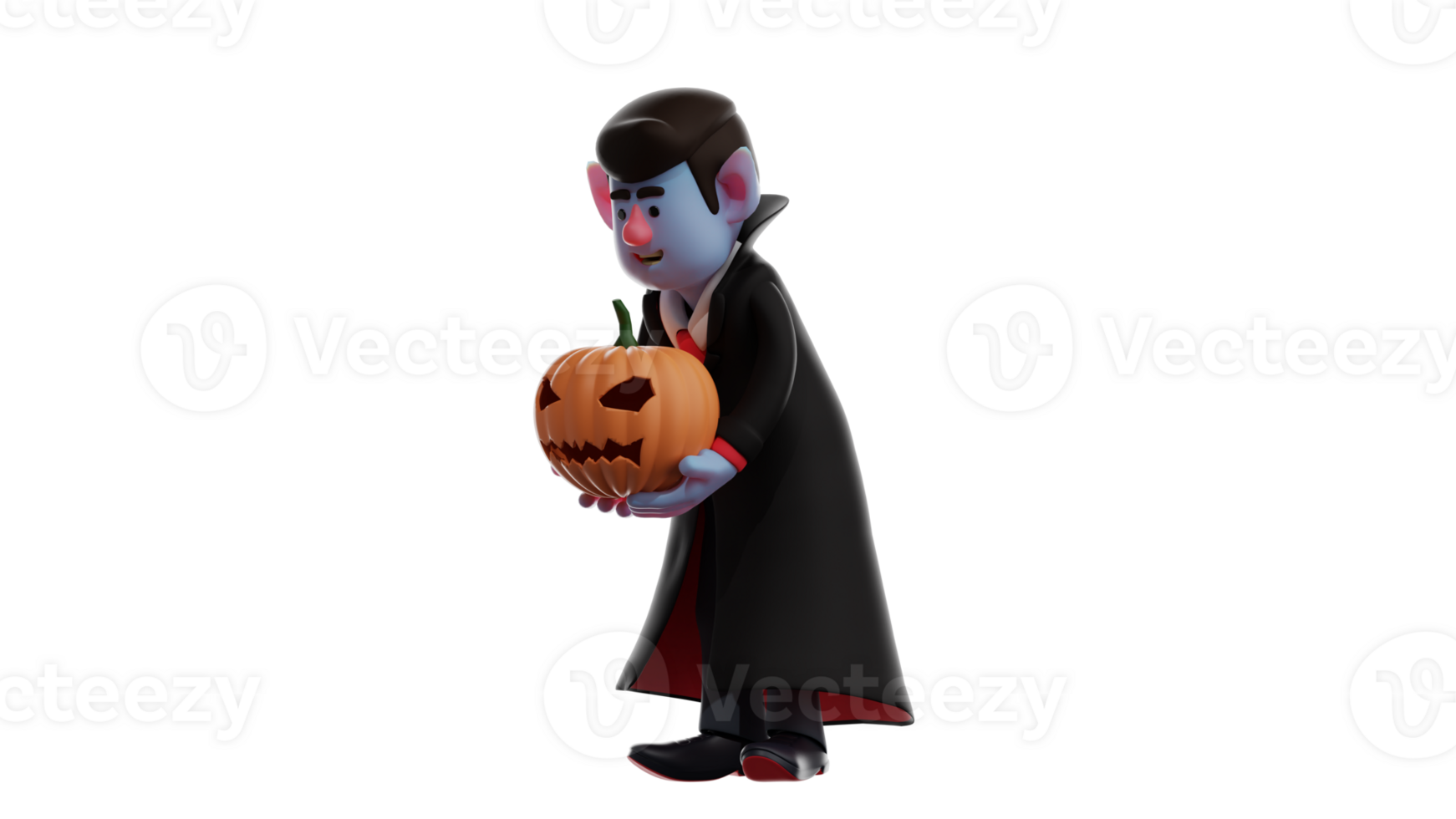 3D Illustration. Obedient Vampire 3D cartoon character. The vampire looked down while carrying a Halloween pumpkin. Vampire salute someone he met. 3D cartoon character png