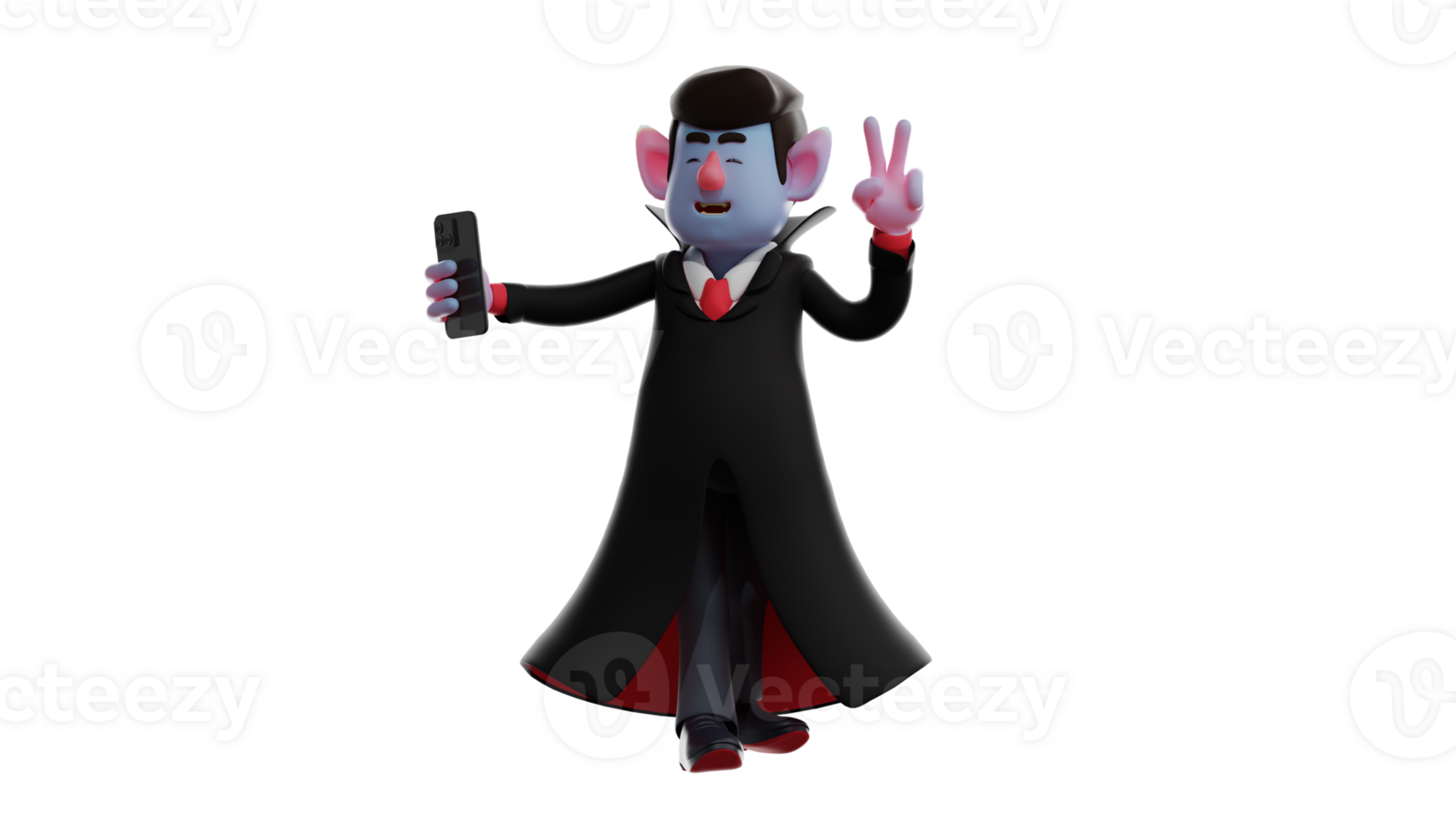 3D Illustration. Cheerful man 3D cartoon character. Men wear Dracula costumes. Handsome man smiled by taking a selfie using his cellphone. Dracula with peace pose. 3D cartoon character png