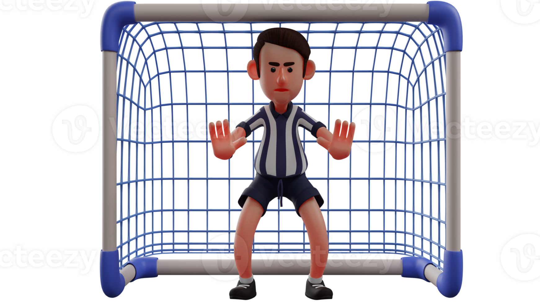 3D illustration. Goal Keeper 3D Cartoon Character. The goalkeeper is in front of the goal and raises his arms forward to block the ball. The goalkeeper shows a serious expression. 3D Cartoon Character png