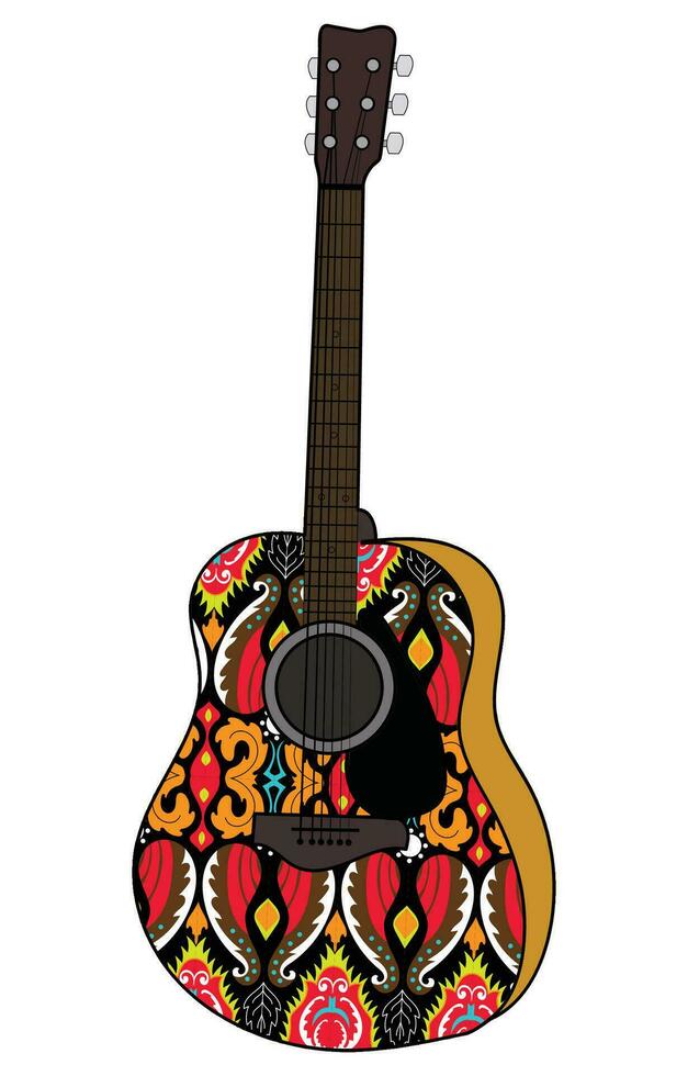 Acoustic guitar, painting on the guitar ethnic tribal pattern vector