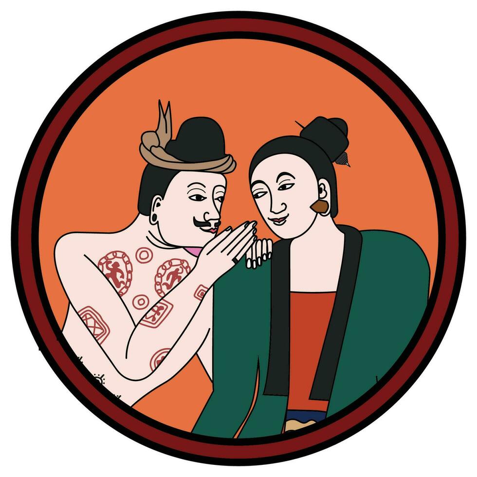 Whispering Love Nan. A couple of man and woman vector illustration. Thai traditional northern styles.