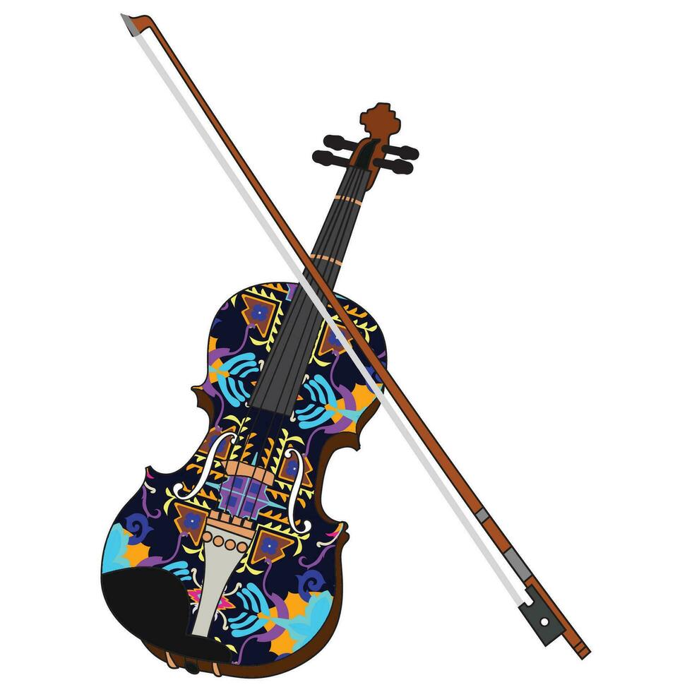 Violin decorated with colorful tribal patterns. On a white background. vector