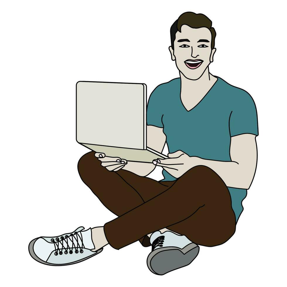 dibujos animados imagen de un hombre sentado en el piso utilizar computadora, trabajar, sonrisa vector