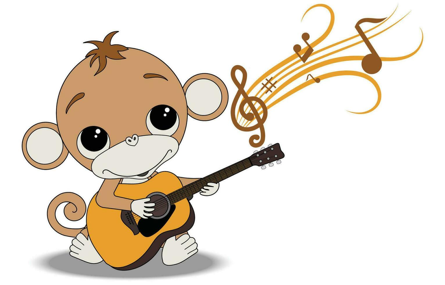 Cartoon baby monkey sits on the guitar. Music notes and music. cute vector