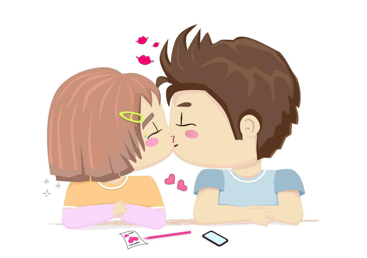 the first kiss, vector illustration, a couple of children at the table, in cartoon style