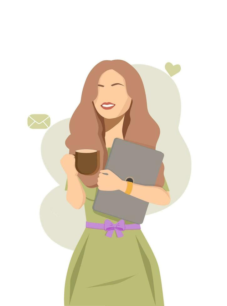business woman with a laptop and a cup of coffee in a dress vector