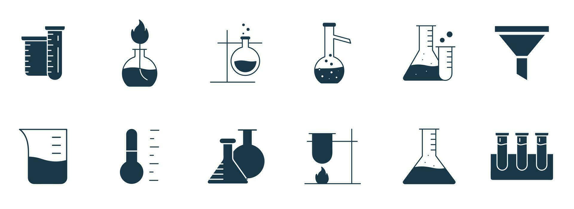 laboratorio cristalería icono colocar. química o Ciencias investigación laboratorio equipo cubilete, matraz, prueba tubo para microbiología contorno vector