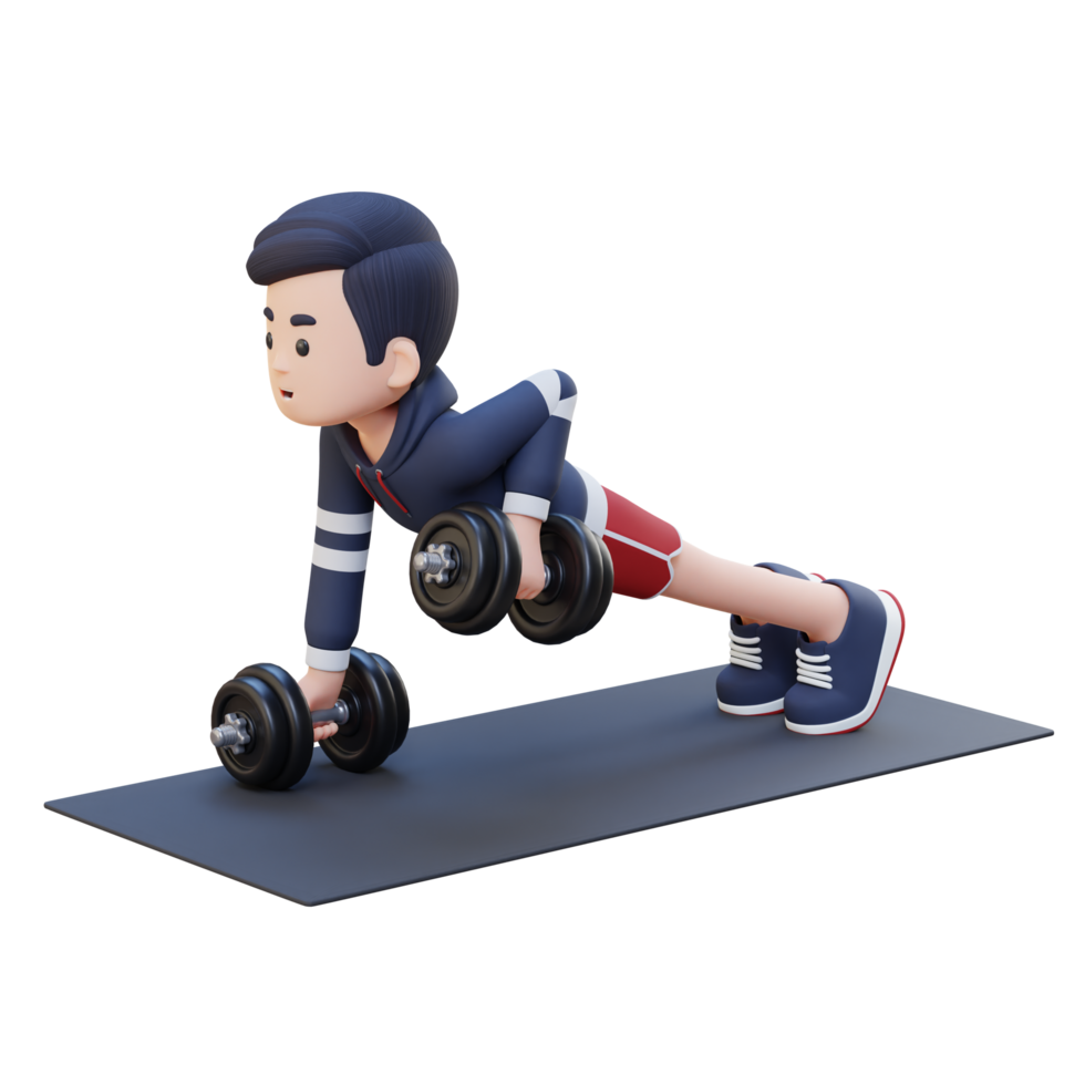 3D Sportsman Character Performing Dumbbell Push Up Row png