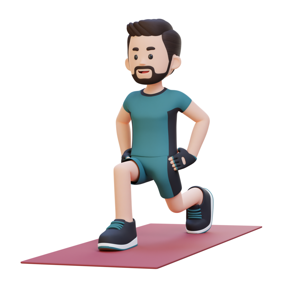 3D Sporty Male Character Performing Dynamic Lunges at the Gym png