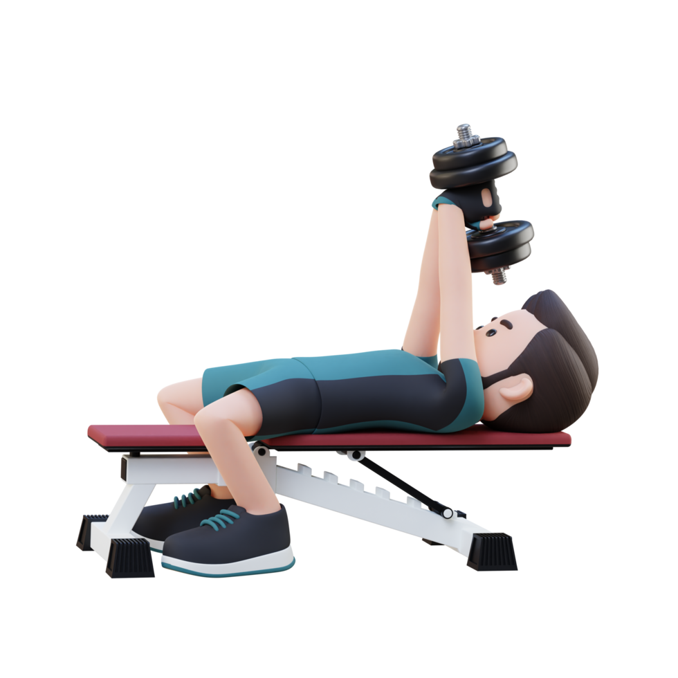 3d deportista personaje fortalecimiento espalda y cofre con pesa pull-over ejercicio png