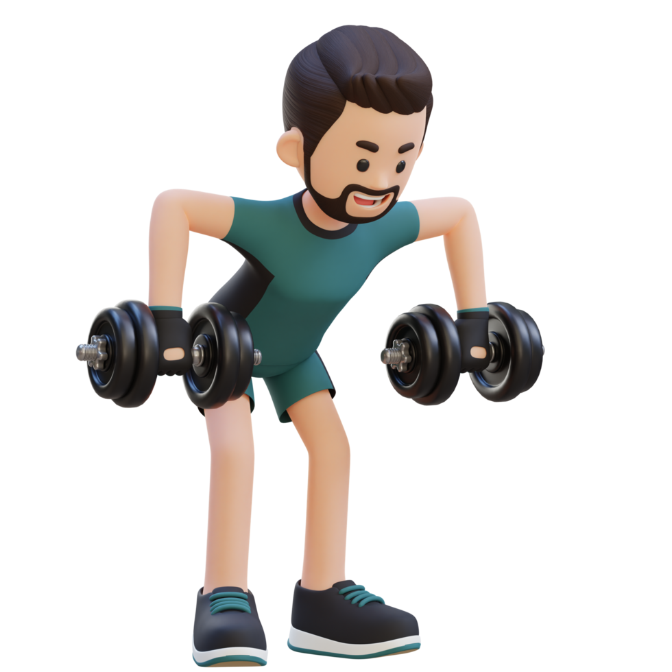 3D Sportsman Character performing Rear Delt Rows with Dumbbells png