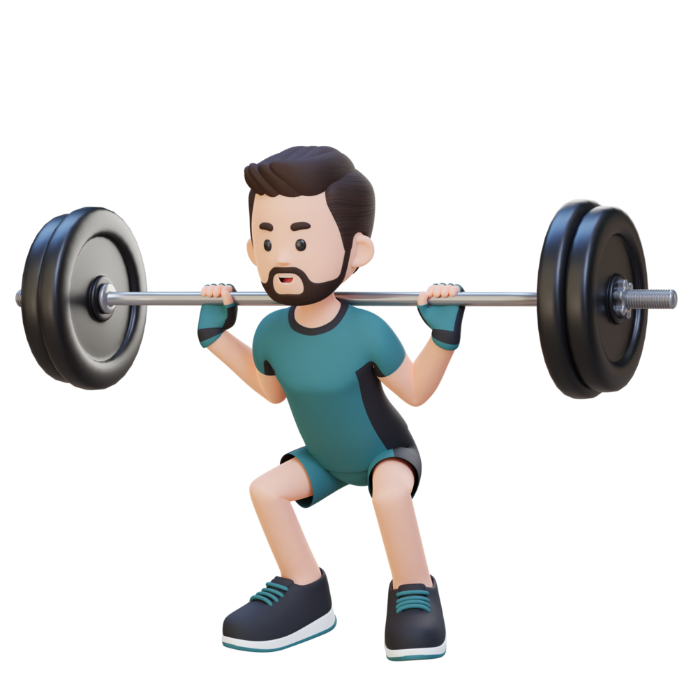 3D Sportsman Character Building Lower Body Strength with Barbell Squat Workout png