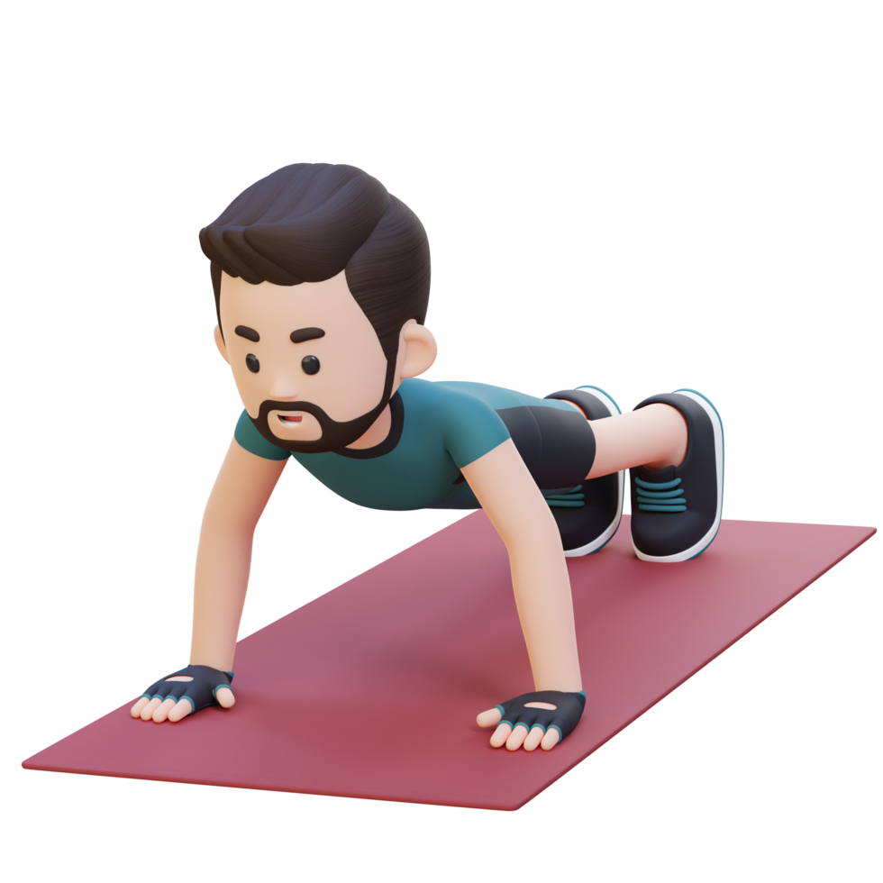 3D Sporty Male Character Performing Standard Push Up Exercise at Home Gym png