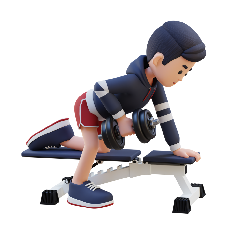 3d sportman karakter beeldhouwen terug spieren met halter rij oefening png