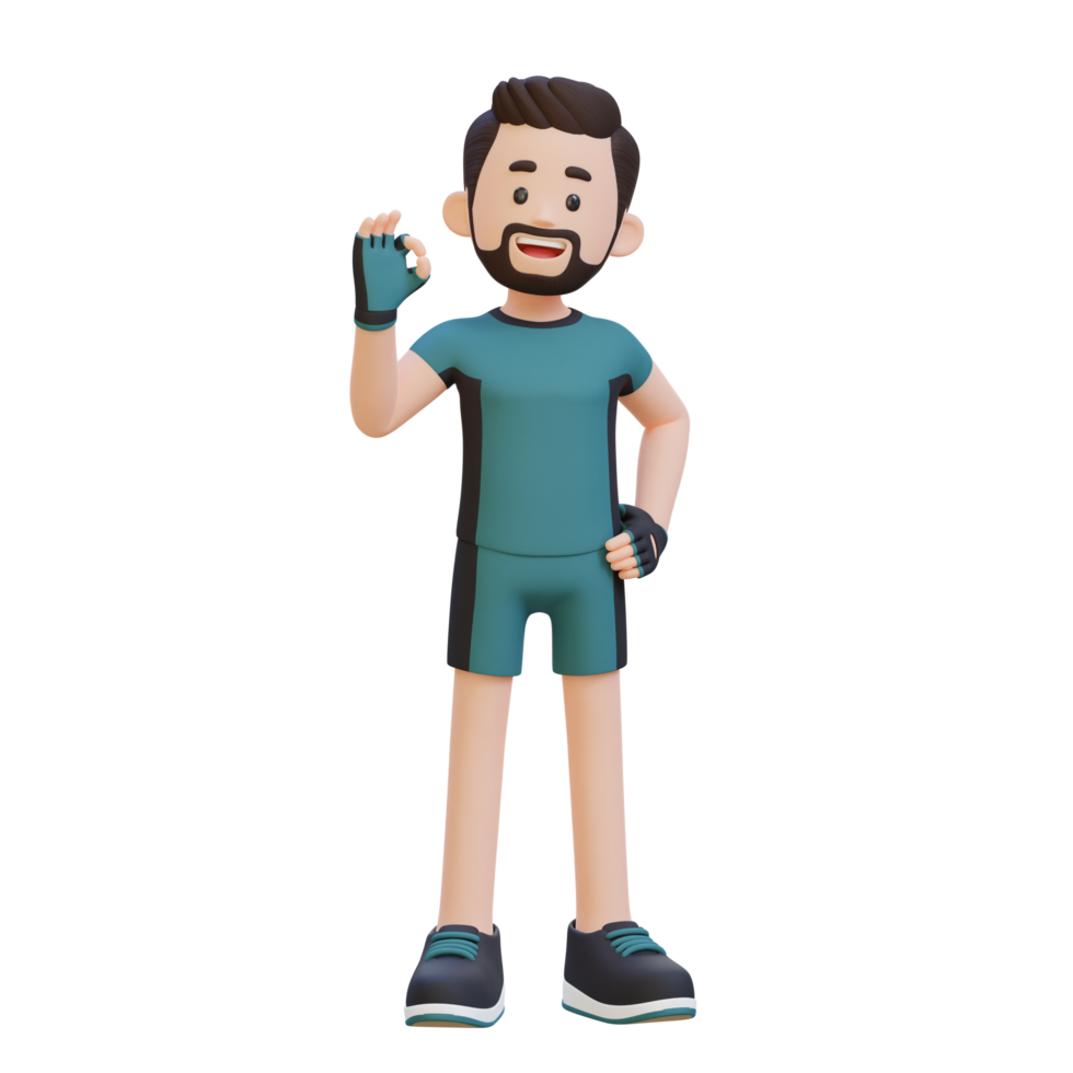 3d sportif personnage rayonnant positivité avec le D'accord signe geste dans une vibrant scène png