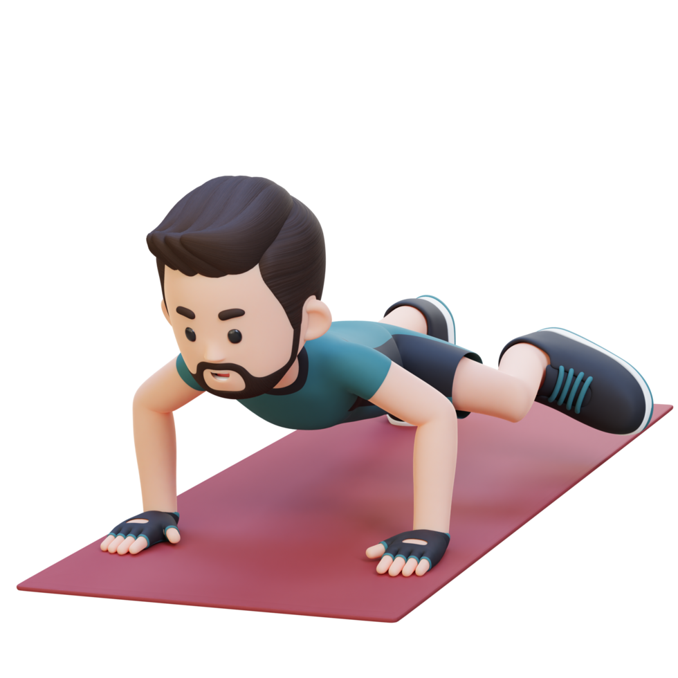 3D Sporty Male Character Performing Spiderman Push Up Exercise at Home Gym png