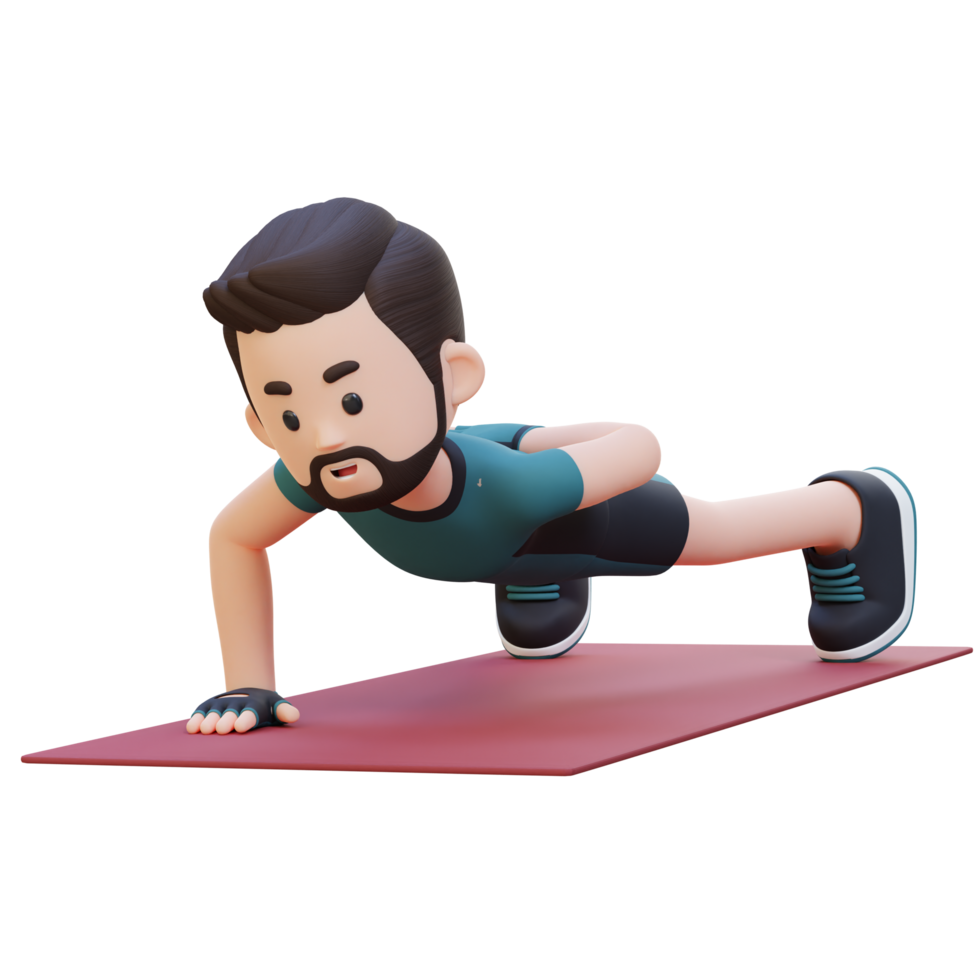 3D Sporty Male Character Mastering Single Arm Push Up at the Gym png