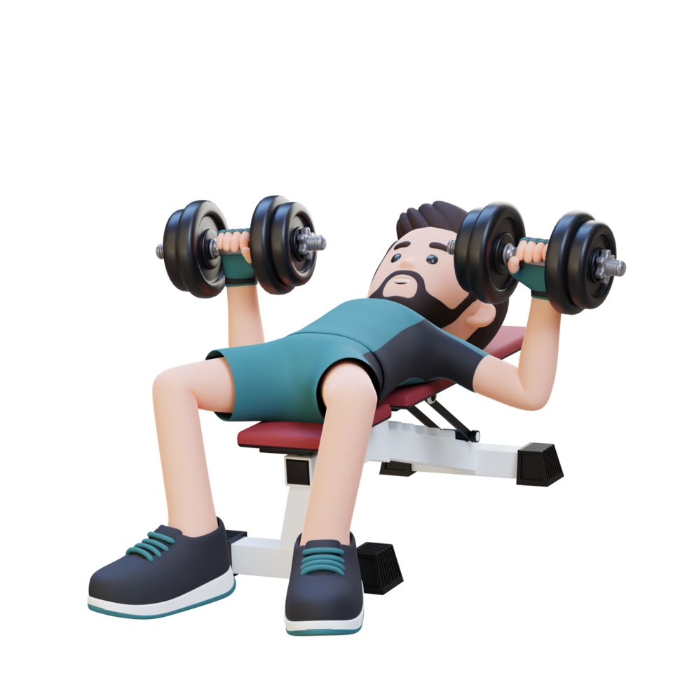 3D Sportsman Character Sculpting Muscular Physique with Dumbbell Bench Press png