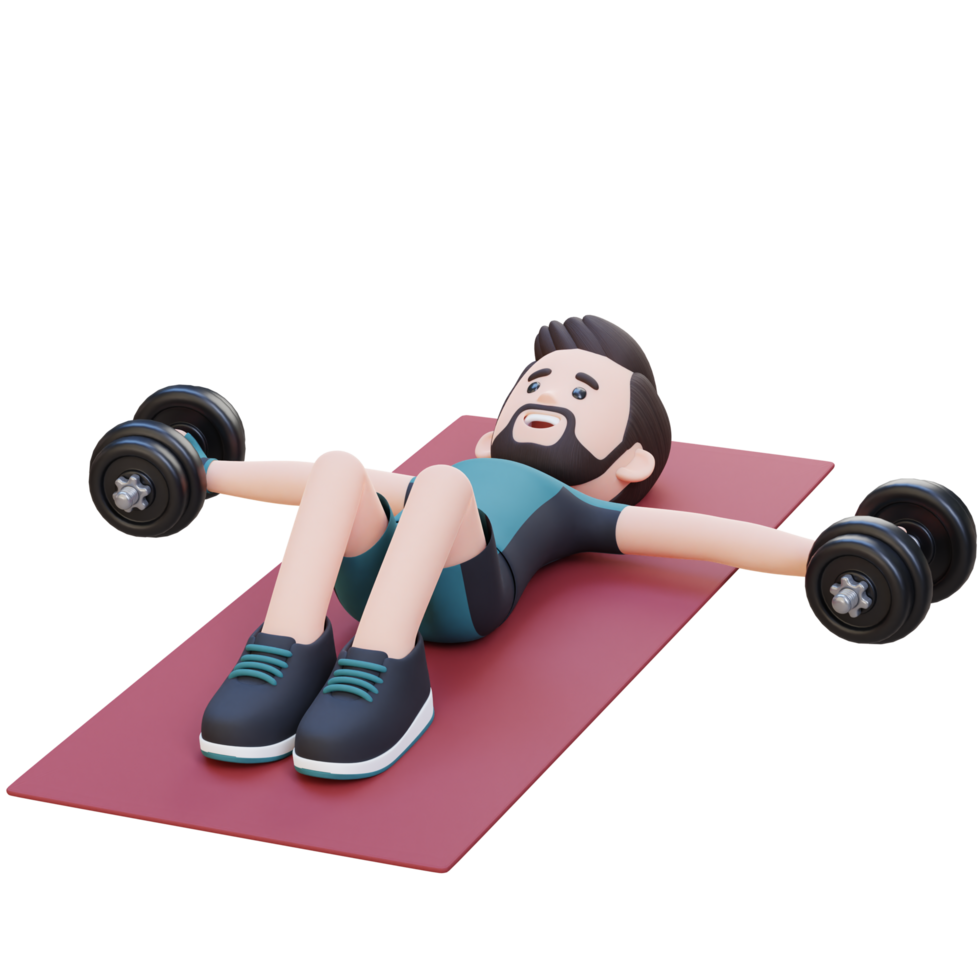 3D Sportsman Character Performing Dumbbell Chest Fly png