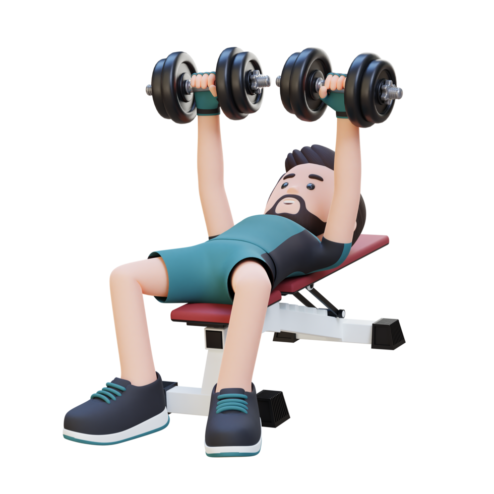 3D Sportsman Character Sculpting Muscular Physique with Dumbbell Bench Press png