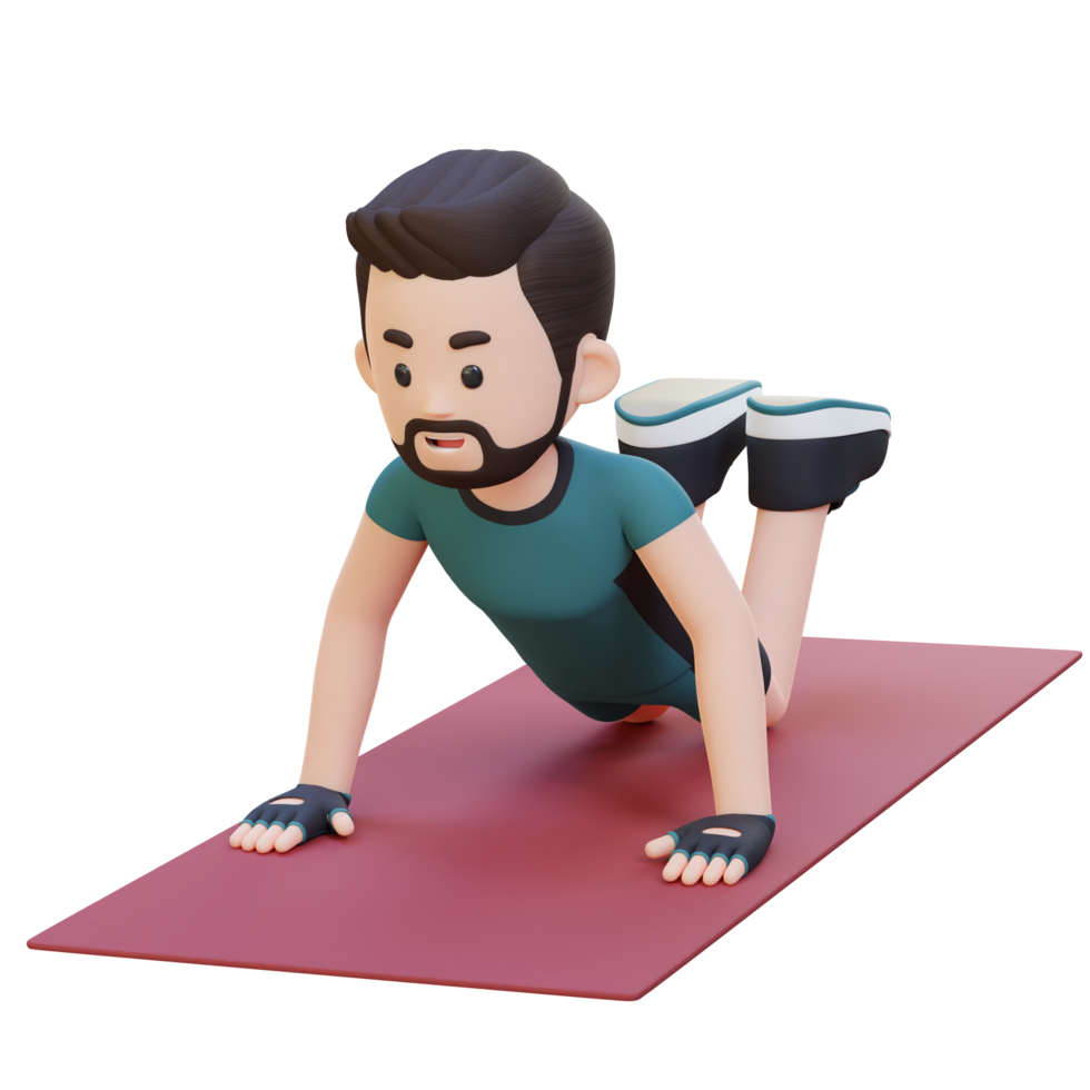 3D Sporty Male Character Mastering Knee Push Up Exercise at Home Gym png