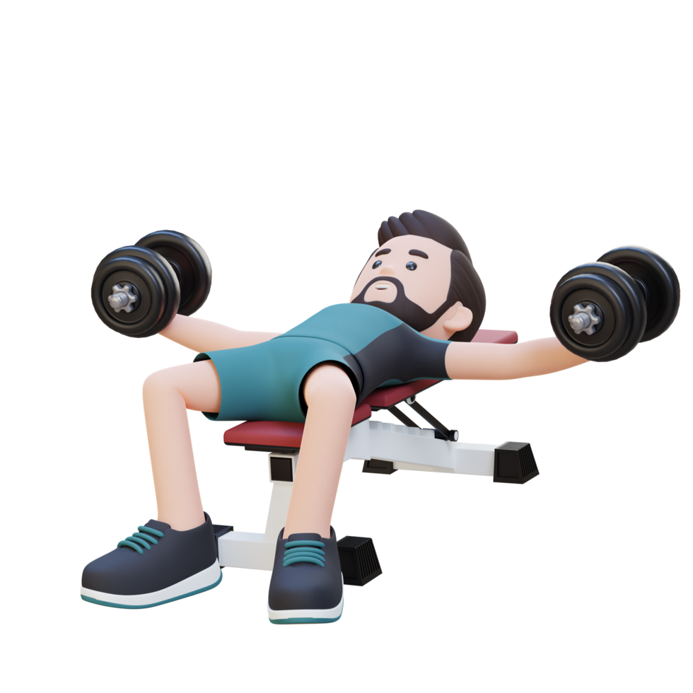 3D Sportsman Character Sculpting Muscular Chest with Dumbbell Bench Chest Fly png