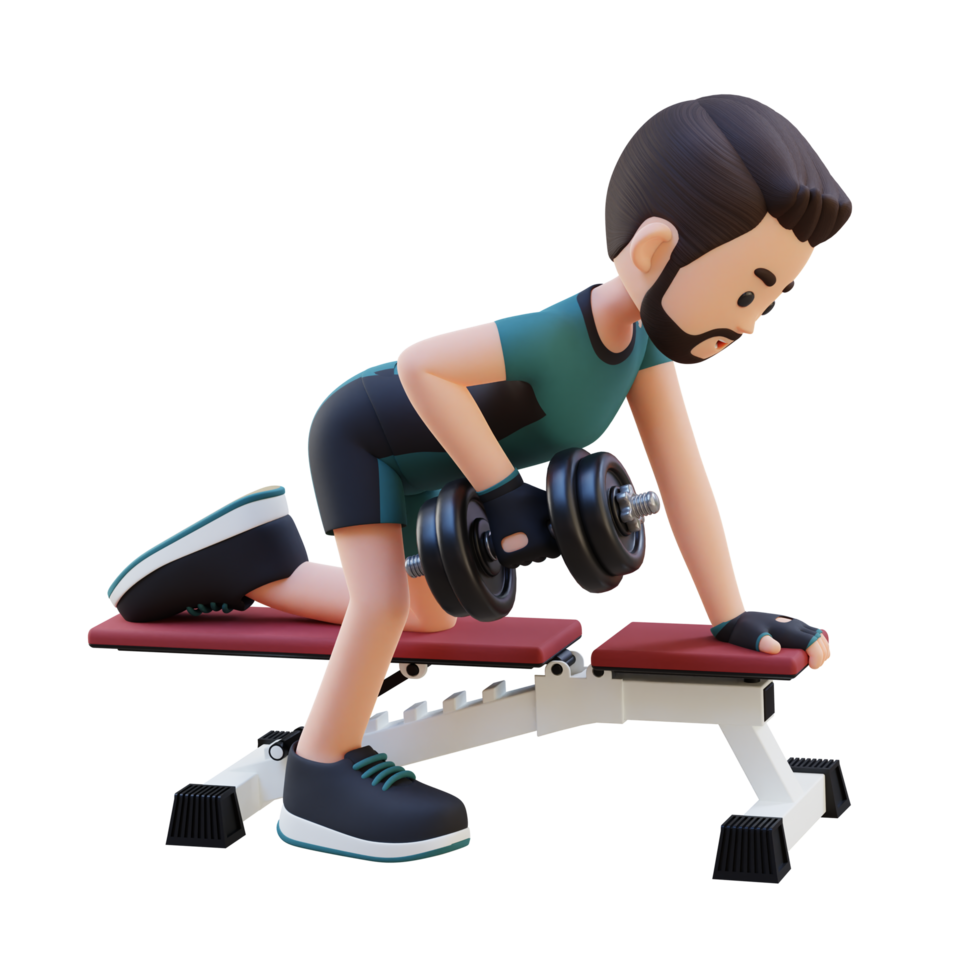 3D Sportsman Character Sculpting Back Muscles with Dumbbell Row Exercise png