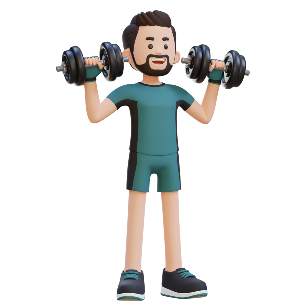 3D Sportsman Character Performing Dumbbell Shoulder Press png