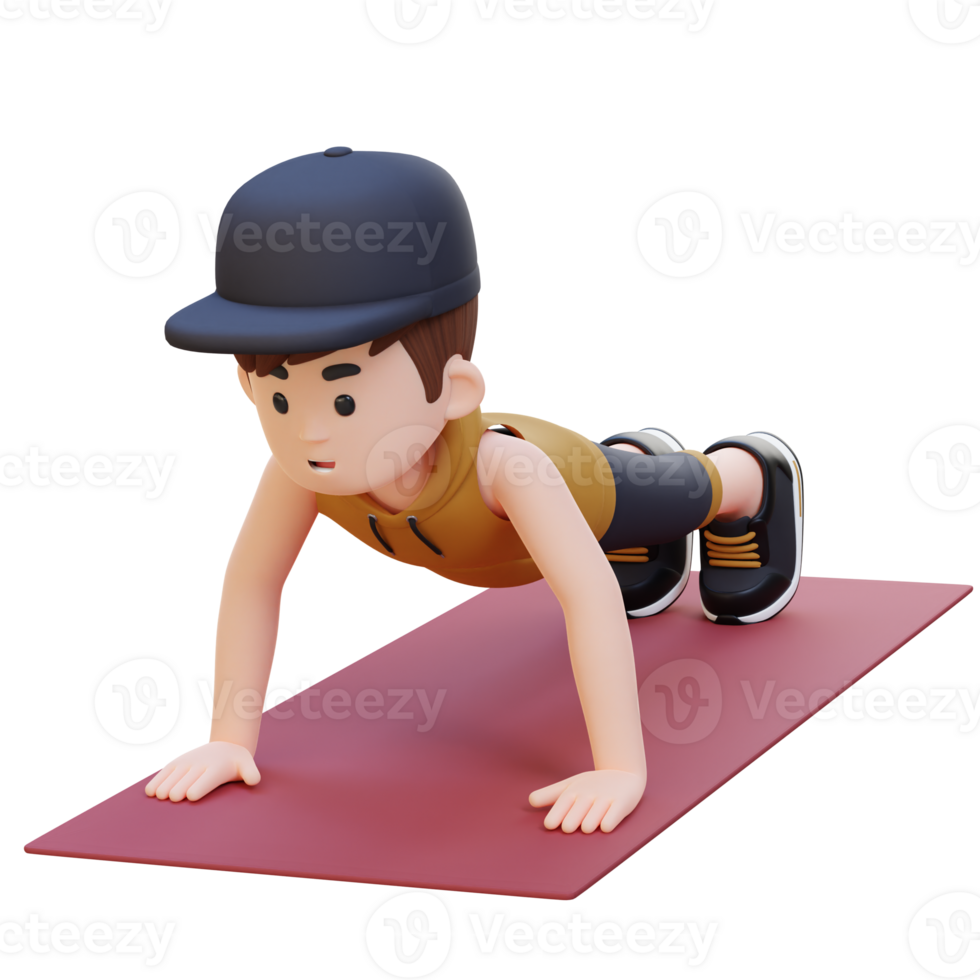 3D Sporty Male Character Performing Standard Push Up Exercise at Home Gym png