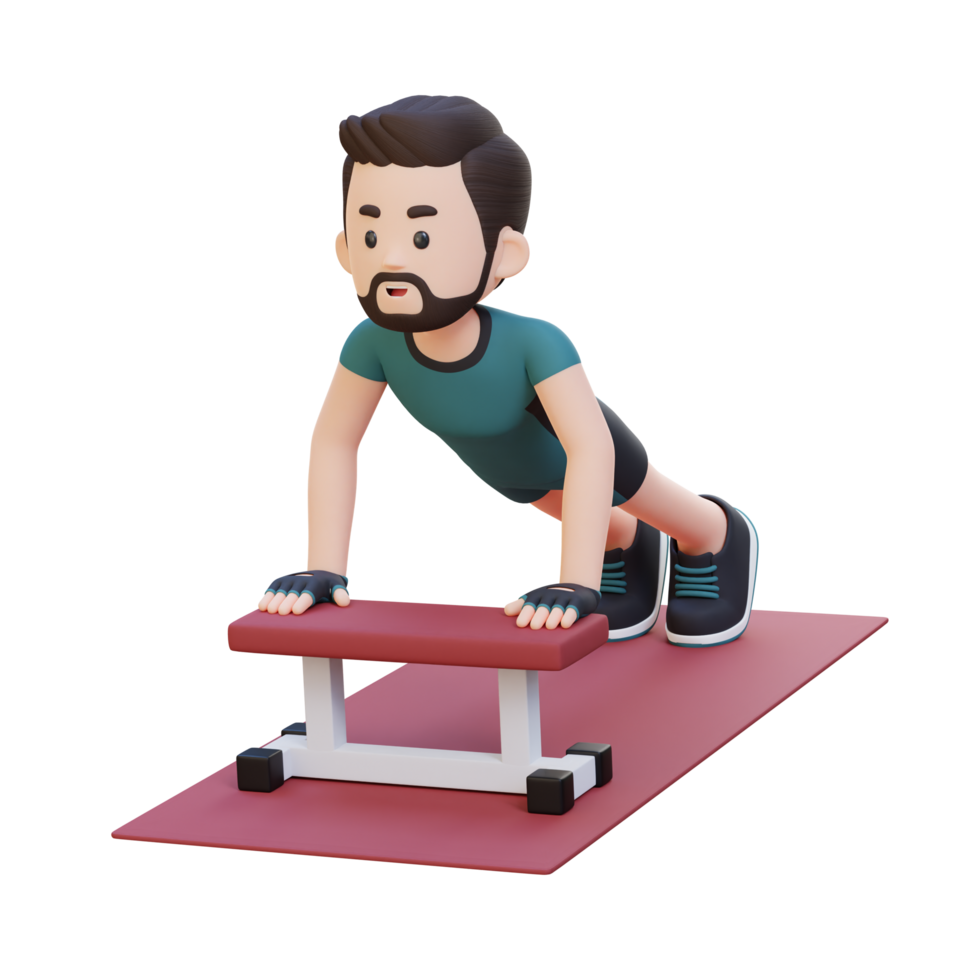 3D Sporty Male Character Performing Inline Push Up Exercise at the Gym png