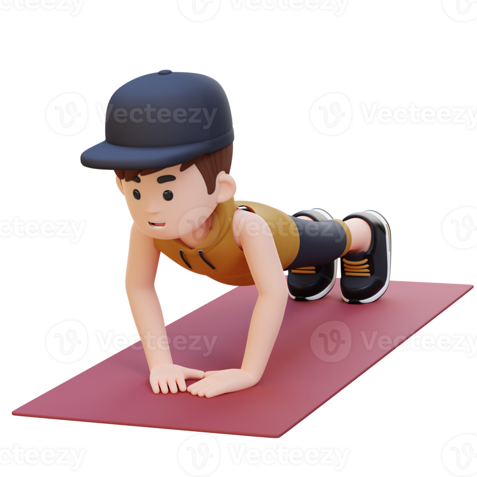 3D Sporty Male Character Performing Close Grip Push Up Exercise at Home Gym png