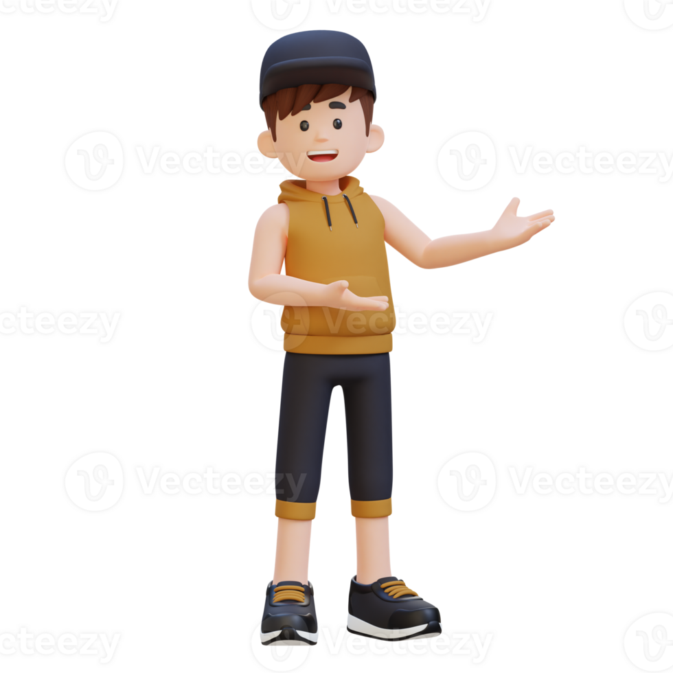3D Sportsman Character Embracing Confidence with a Dynamic Hand Presentation Pose png