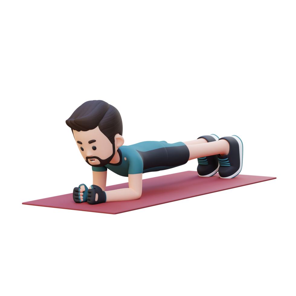 Dynamic 3D Sporty Male Character Nailing the Plank Pose at Home Gym png