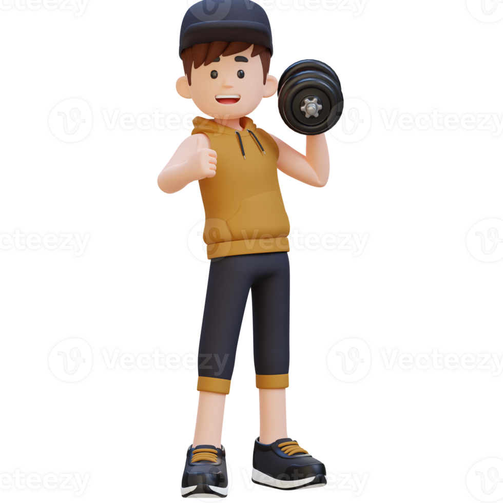 3D Sportsman Character Giving a Thumbs Up While Holding Dumbbell png