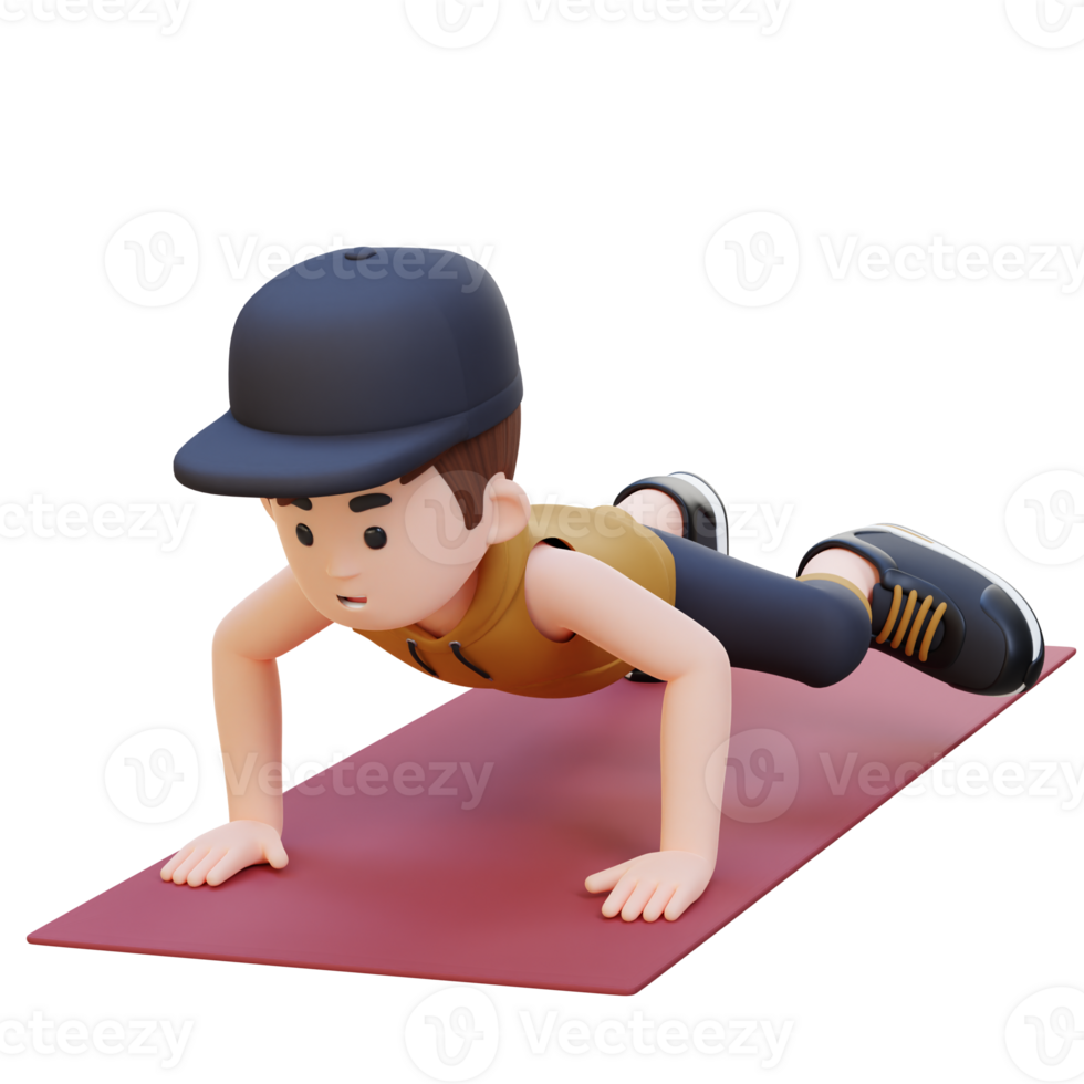 3D Sporty Male Character Performing Spiderman Push Up Exercise at Home Gym png