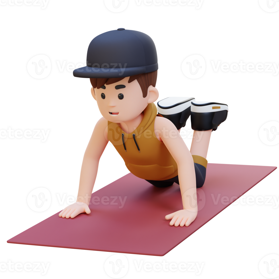 3D Sporty Male Character Mastering Knee Push Up Exercise at Home Gym png