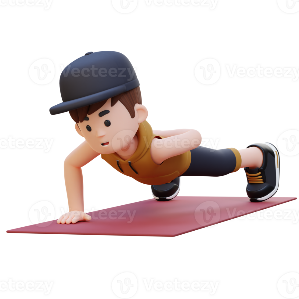 3D Sporty Male Character Mastering Single Arm Push Up at the Gym png