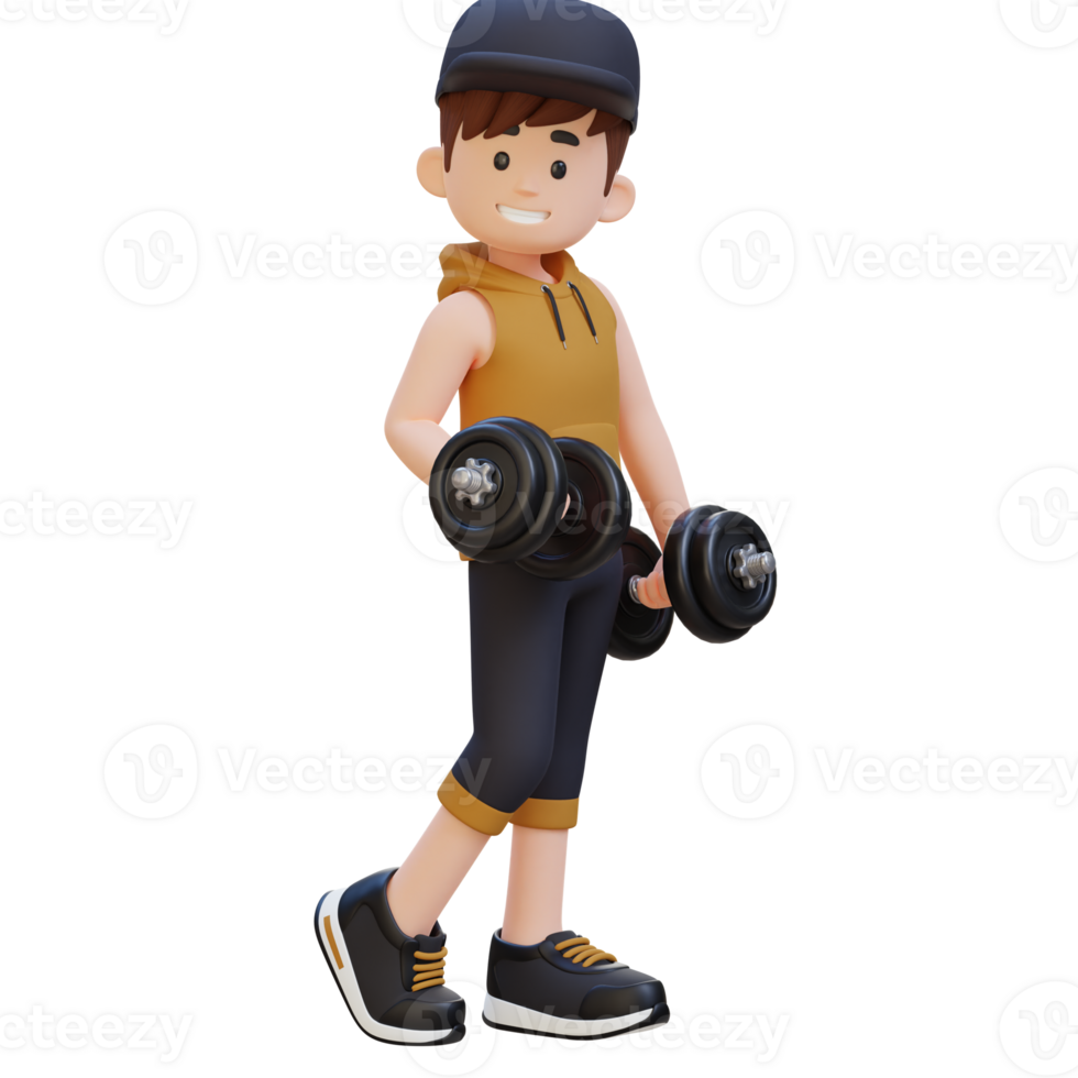 3D Sporty Male Character Showcasing Cool Standing Pose and Holding Dumbbell with Confidence png